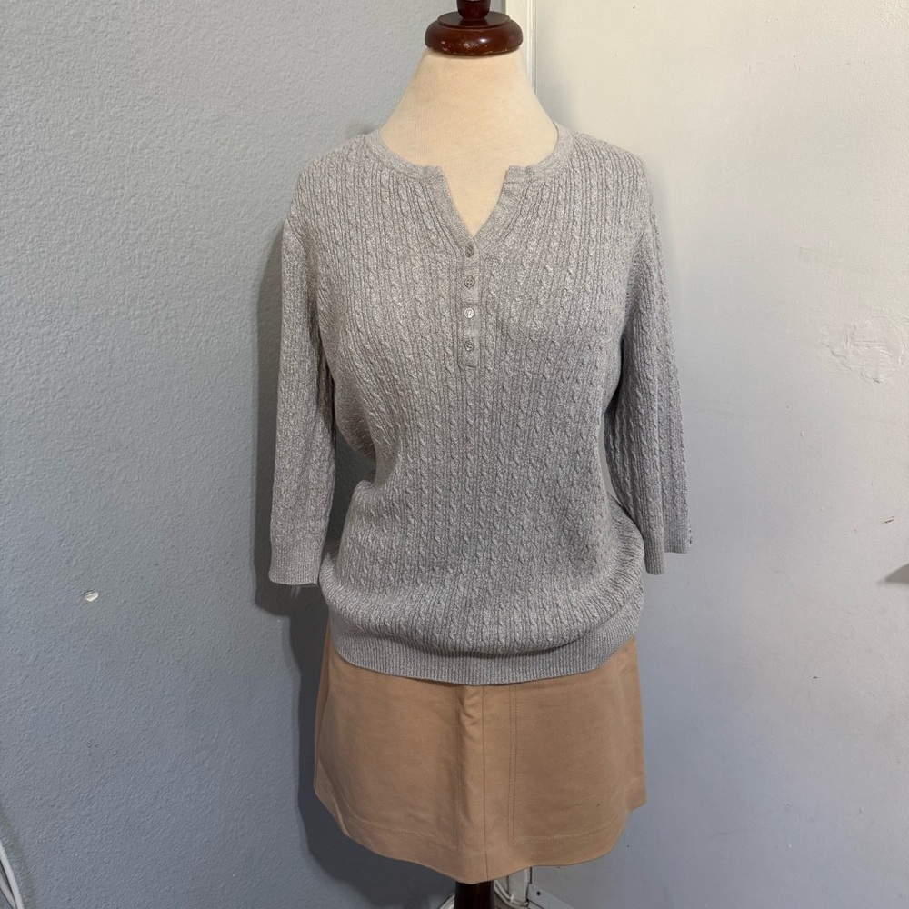 Karen Scott Women Light Gray V-Neck Front Button 3/4 Sleeve Sweater Size 2X